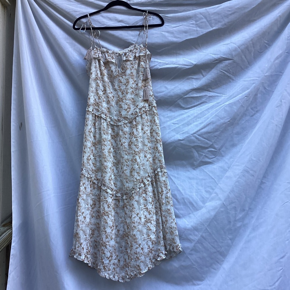 Storia NWT cream and brown ruffle sundress with skinny tie straps, size small